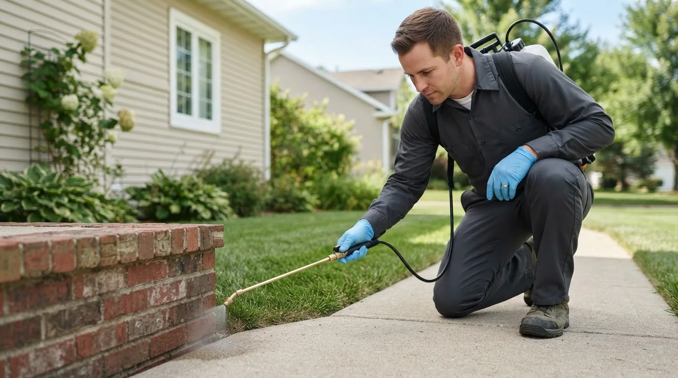 Pest control technician treating a home near Robins, IA