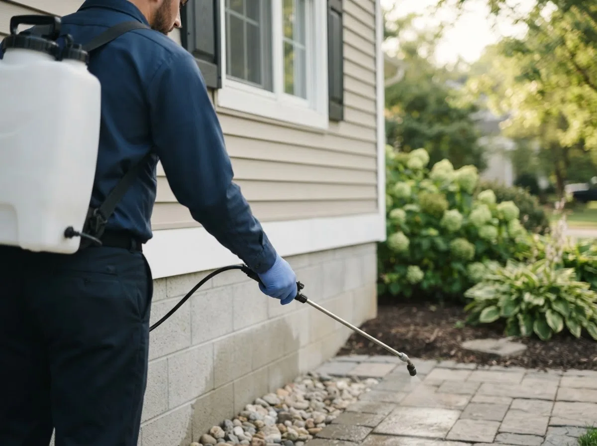 Pest control technician inspecting a home in Robins, IA